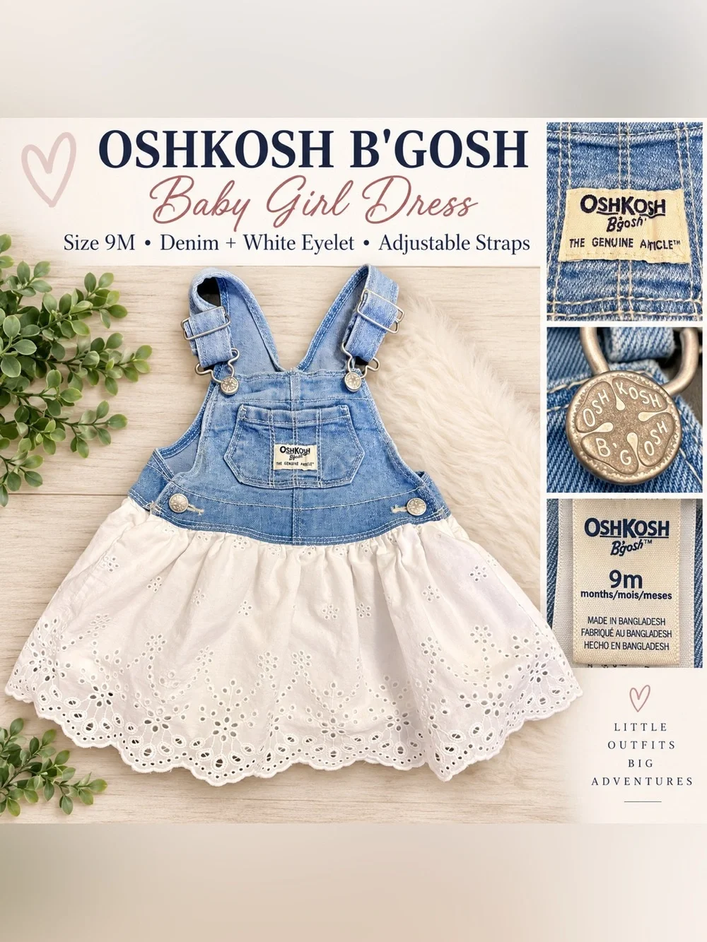 OshKosh B'gosh Denim Bib & White Eyelet Baby Girl Romper Dress